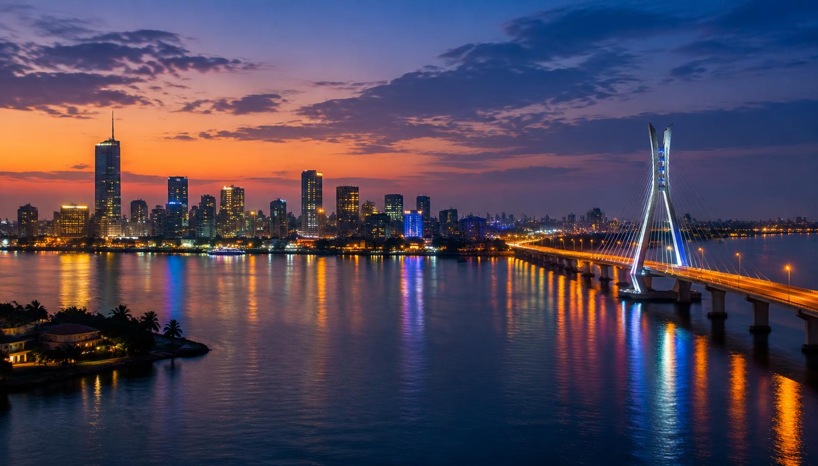Lagos skyline and bridge at dusk